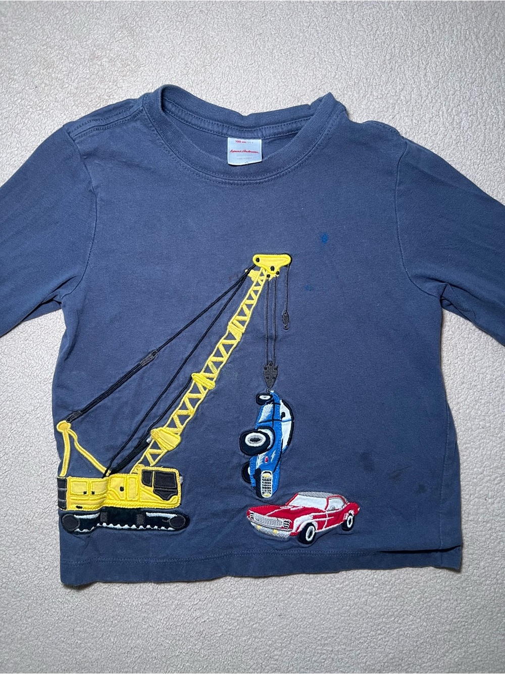 Hanna Andersson Navy Long-Sleeve Tee with Yellow Crane & Blue and Red Cars